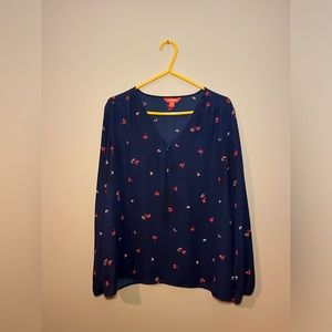 Joe Fresh XL long sleeve navy blue shirt with elegant flower design.